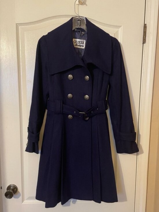 Guess Wool Blend Blue Coat Double Breasted Belted Size M Ornate Buttons Retro - Picture 1 of 12